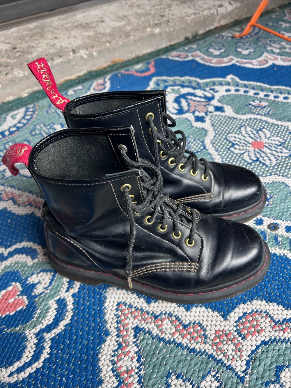 Dr. Martens Black Leather Lace-Up Boots with Red Heel Loop